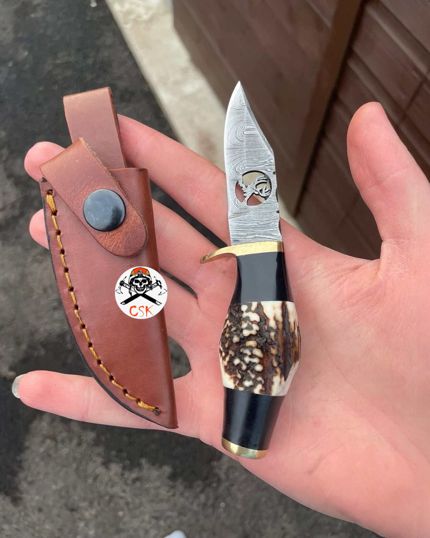Damascus Steel Deer Blade Knife – Antler Handle with Leather Sheath | Limited Edition CSK