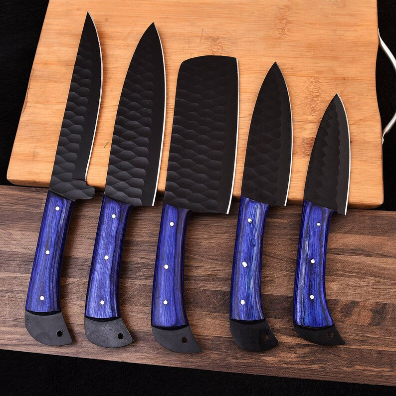 Hand Forged Damascus steel chef set of 5 knives Kitchen knife Gift for her Christmas gift Camping knife Gift for him Groomsmen gift