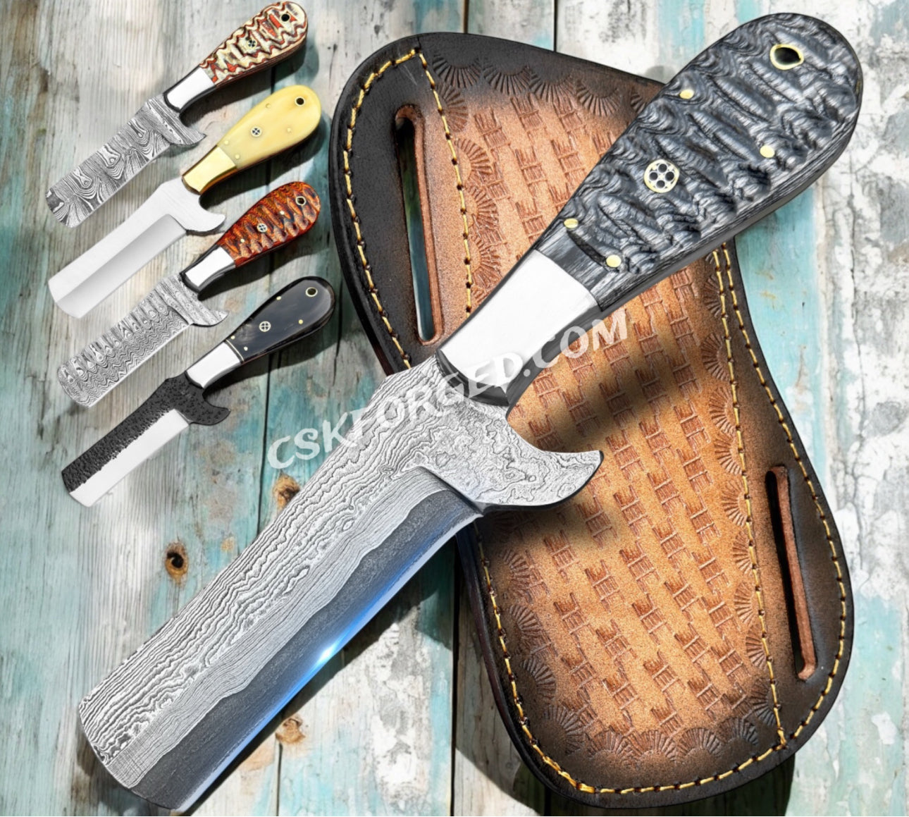 Handmade Damascus Cowboy Bull cutter knife with leather sheath