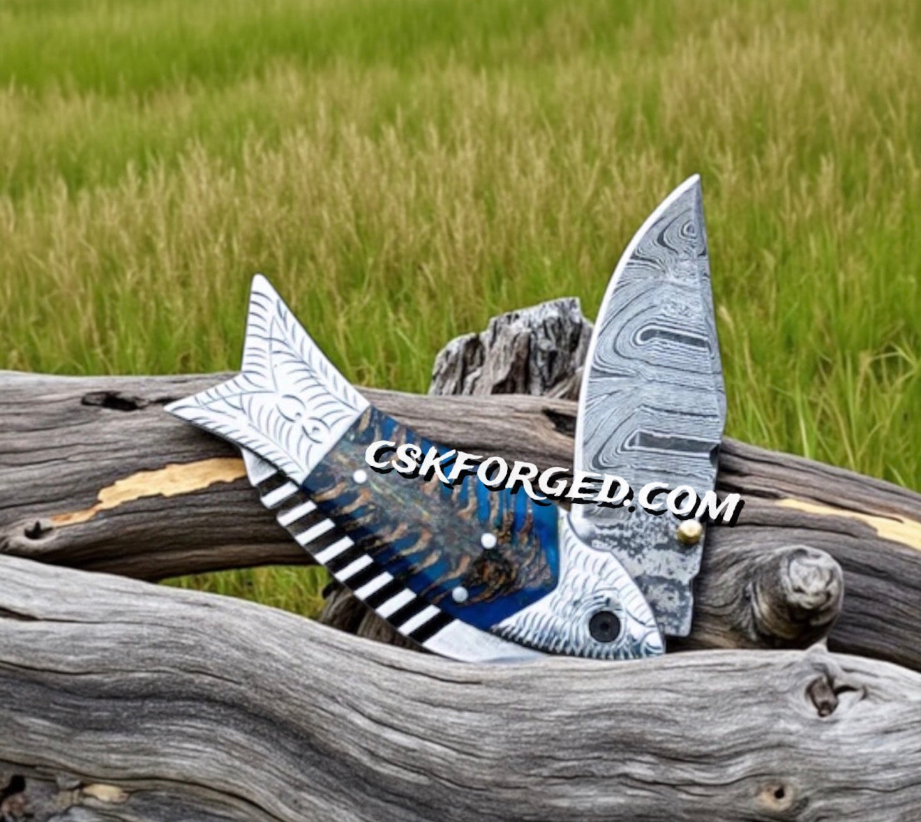 Pinecone Handle Fish Folding Pocket Knife 7" Damascus Steel Pocket Knife