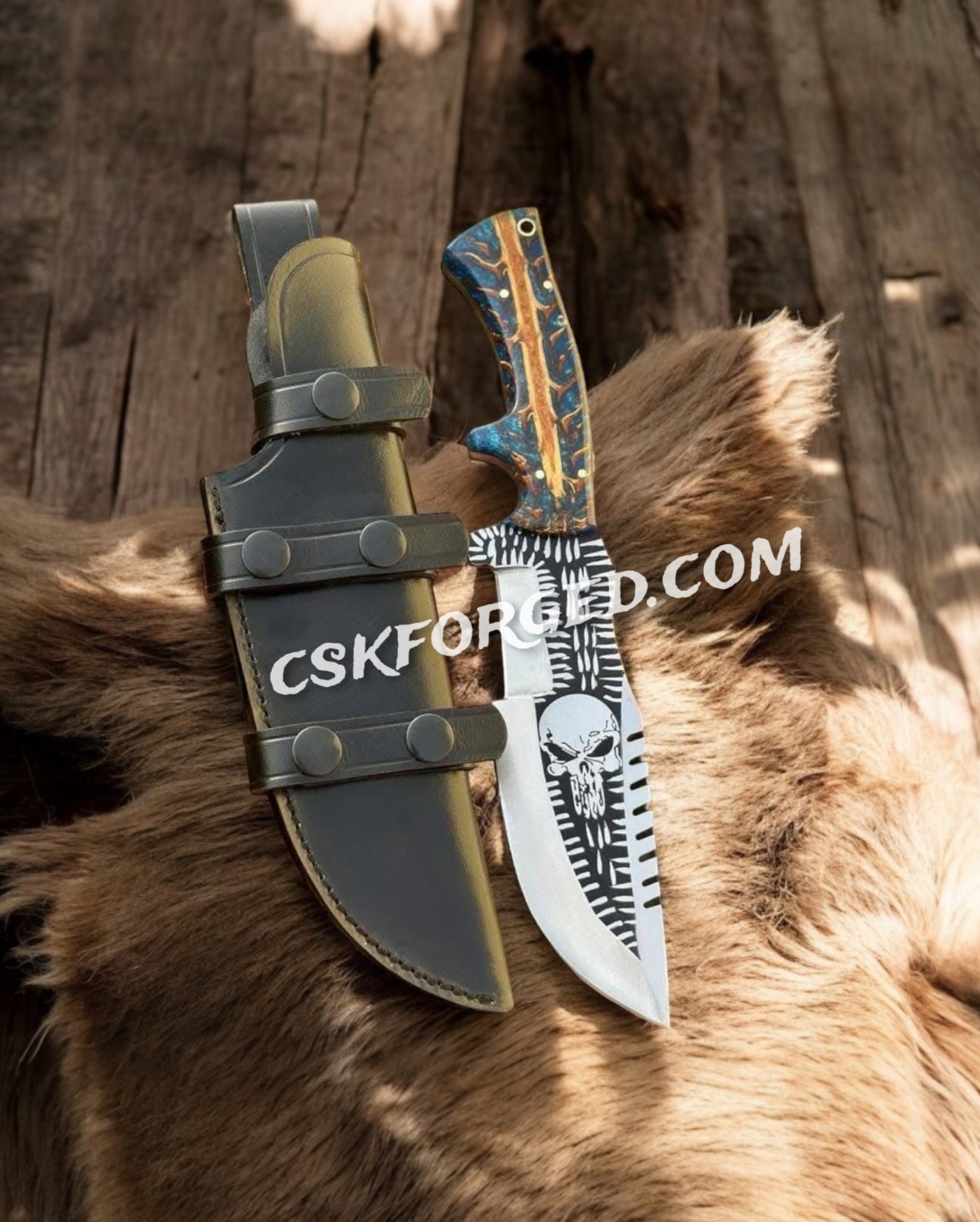 Skull Tactical Hunting Knife – Engraved Fixed Blade with Pine Cone Handle & Leather Sheath