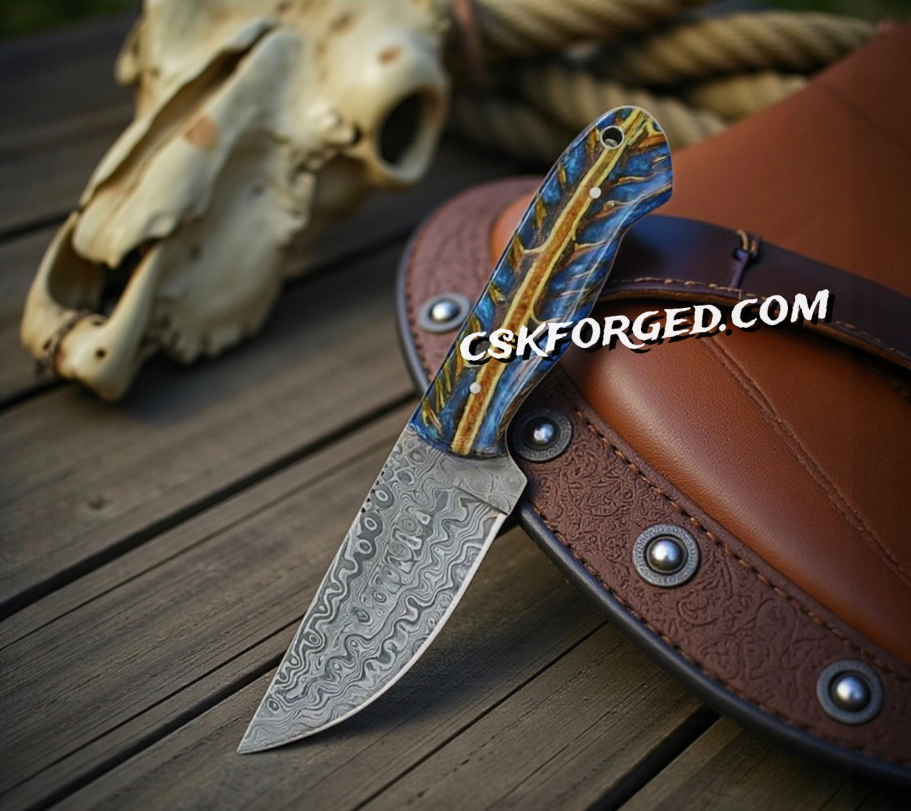 Cowboy Enthusiasts – 4" Raindrops Damascus Blade With Cross Draw Leather Sheath
