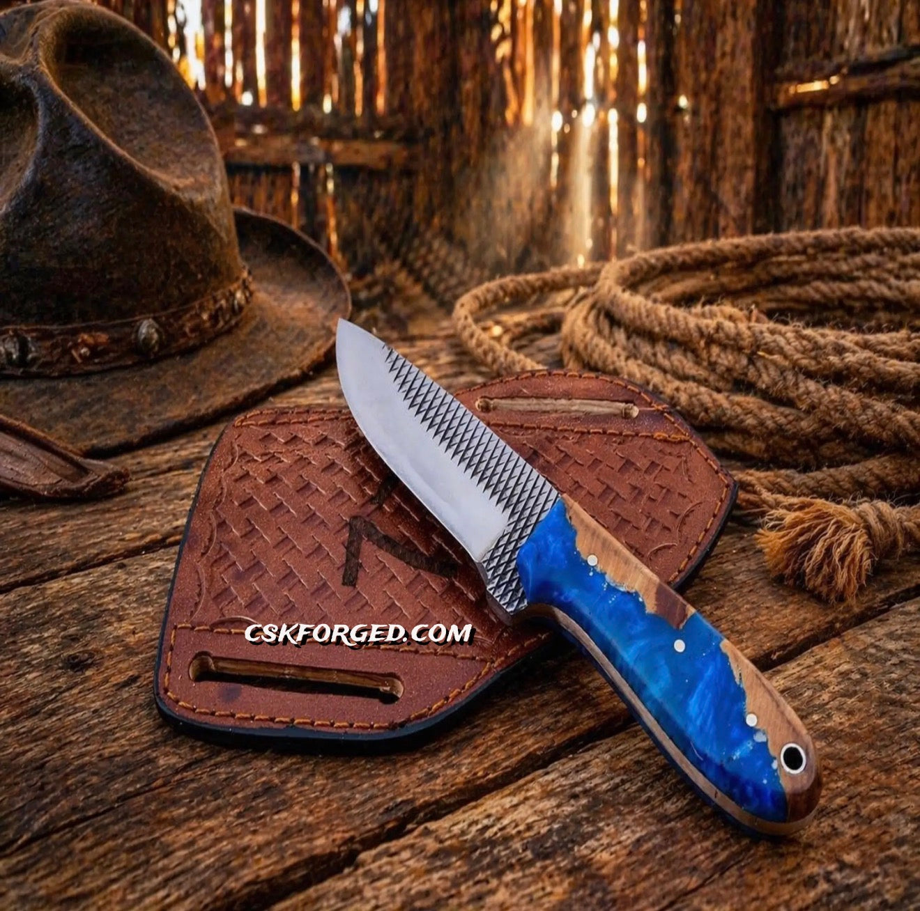 Cowboy Knife Rasp Steel Blade Epoxy Resin Handle Pancake Sheath