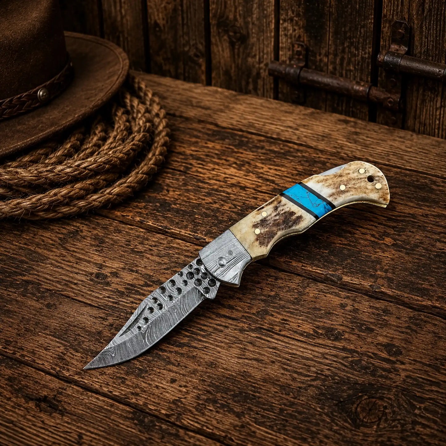 Cowboy Damascus Steel Folding Pocket Knife with natural antler horn handle, turquoise inlay, and razor-sharp by CSKFORGED.