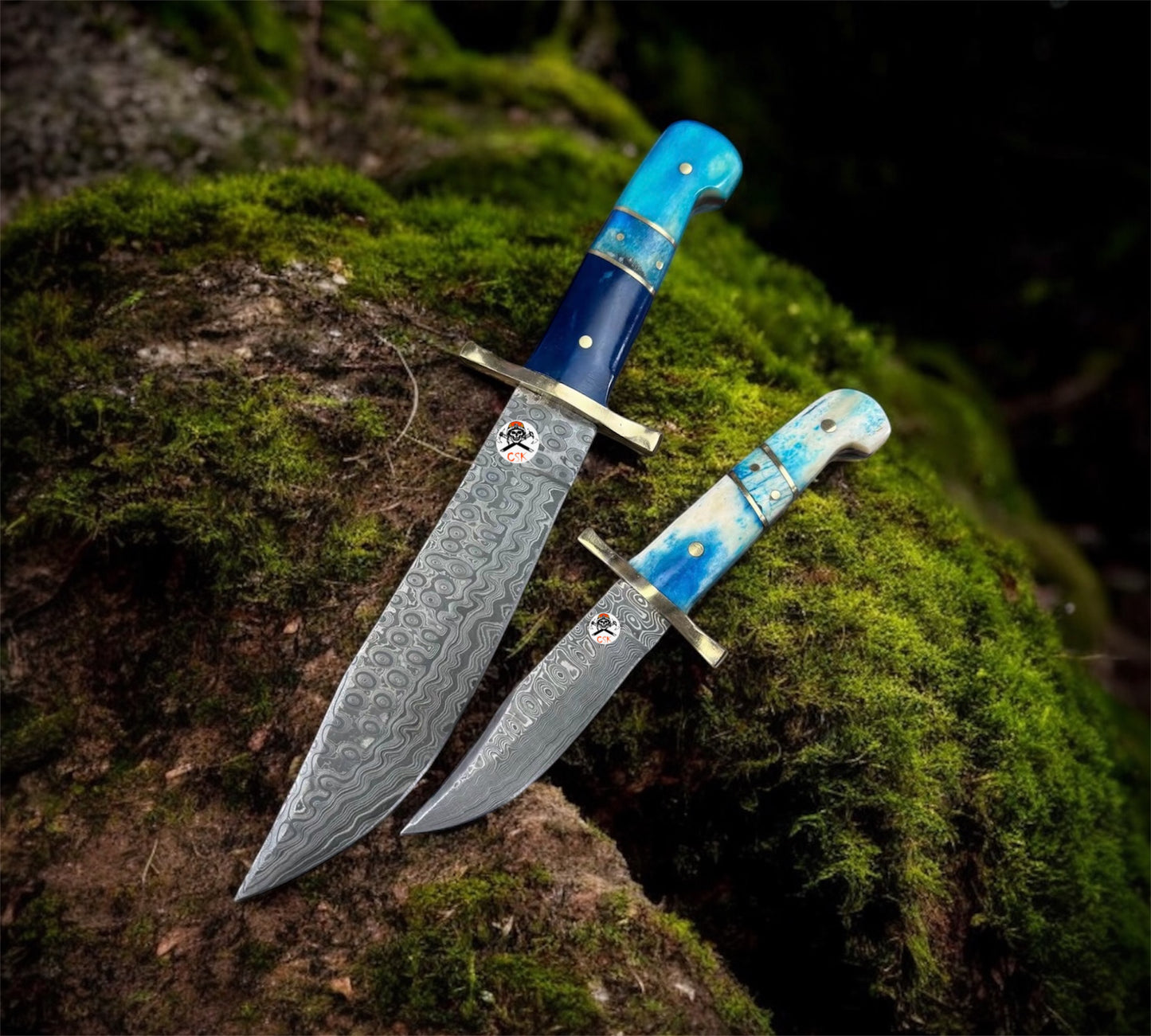 Western-Style Damascus Steel Knife Set with Blue & Turquoise Bone Handles and Brass Guards