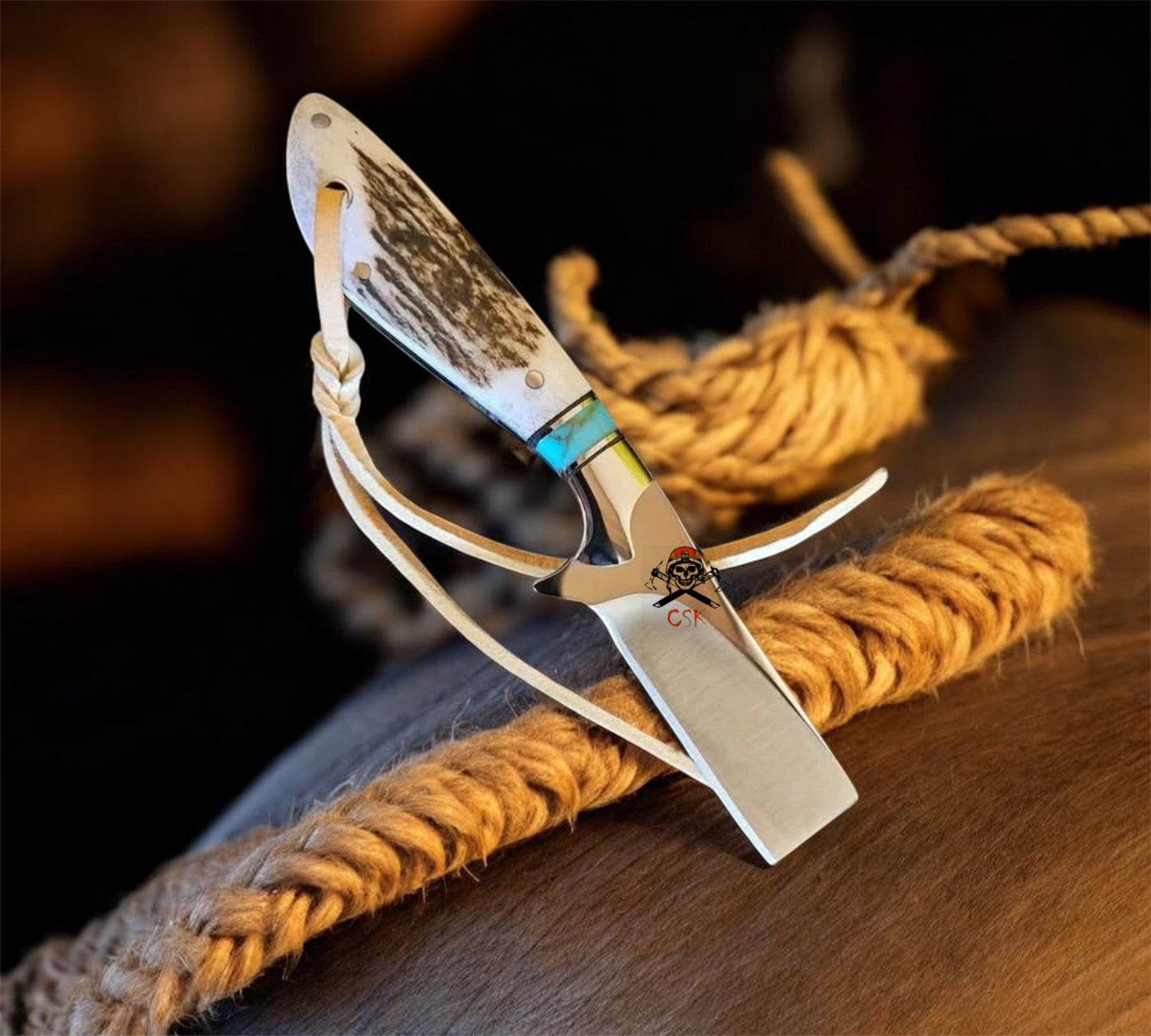 Desert Mirage Bull Cutter Knife - Turquoise Epoxy Antler Handle & D2 Tool Steel Blade