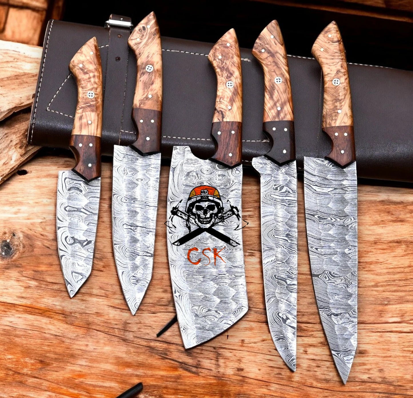 Handmade Premium 5Pcs Damascus Knife Set with Olivewood Handles