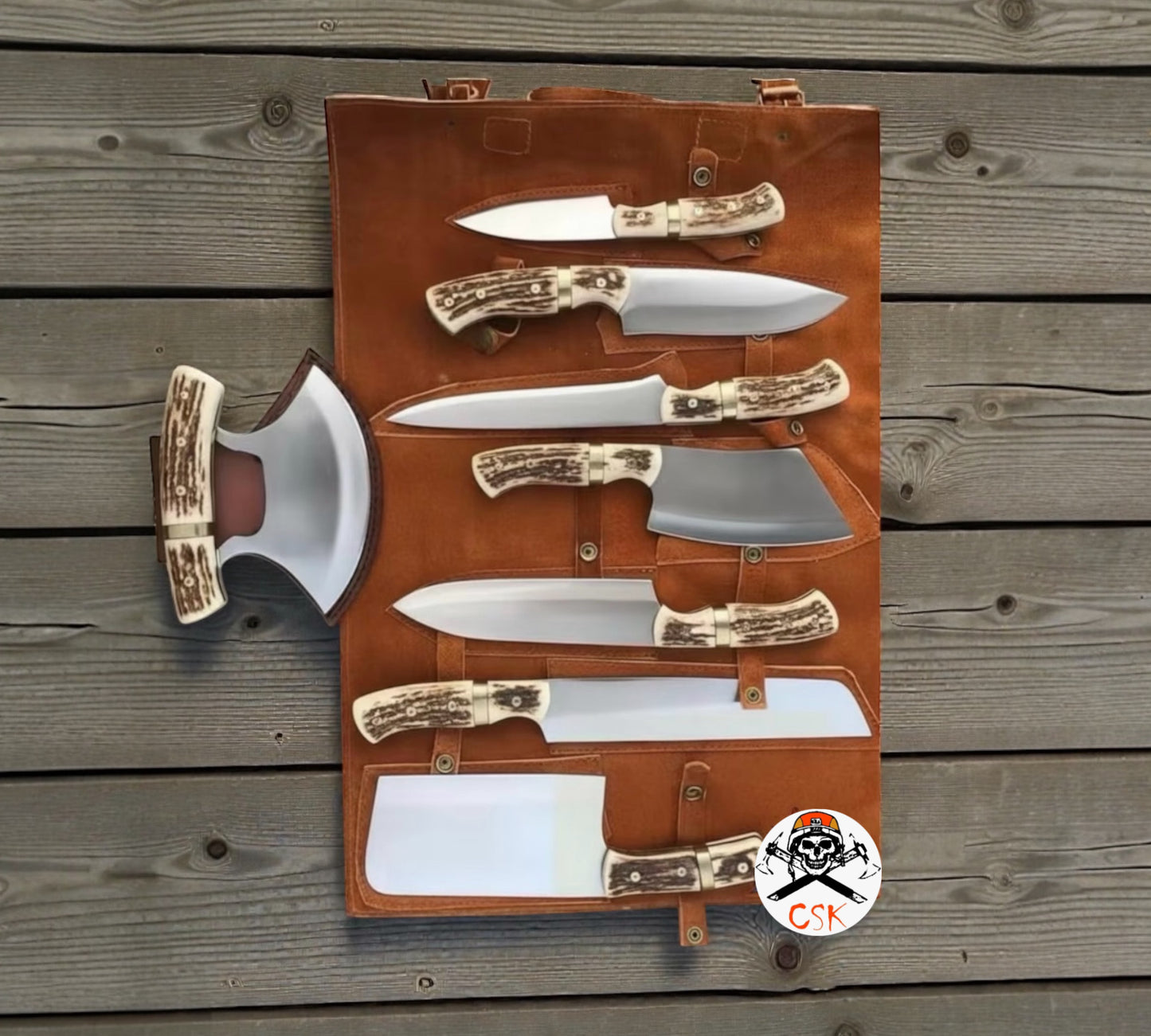 Outdoor Kitchen Knife Set|Antler Handles Chef & Hunting Knives with Leather Roll – Camping & BBQ