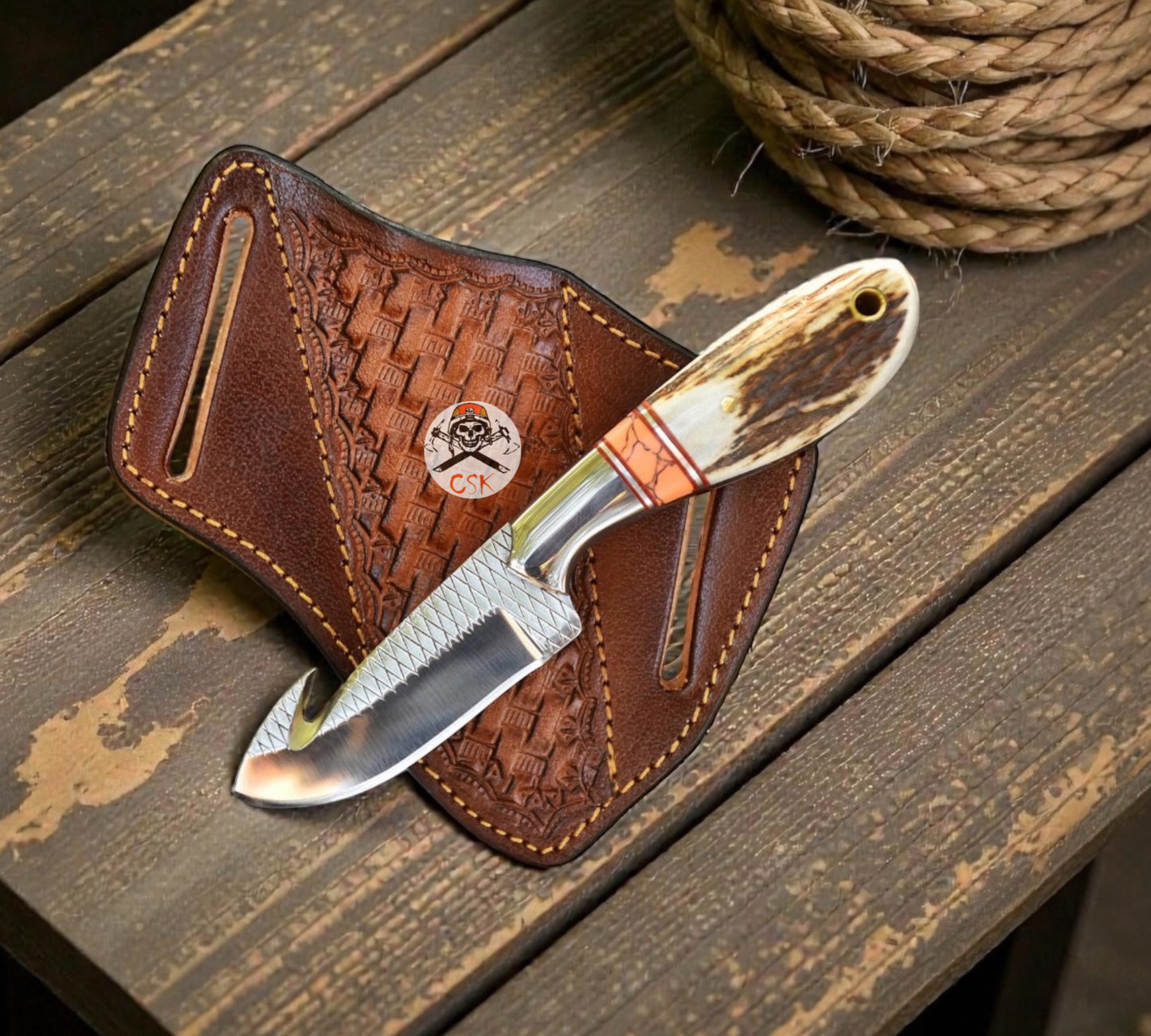 Handmade Rasp Steel Cowboy Gut Hook Knife with Stag Horn and Turquoise Handle - Leather Belt Sheath