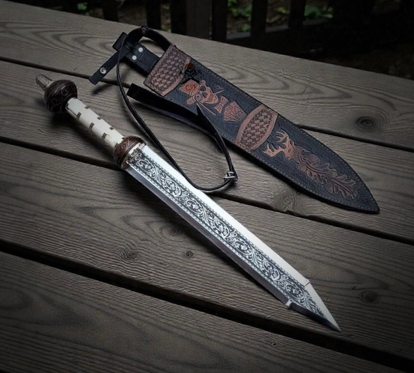 Roman Ornate Gladiator Sword - Engraved Blade, Bone Handle, Skull Deer Leather Sheath