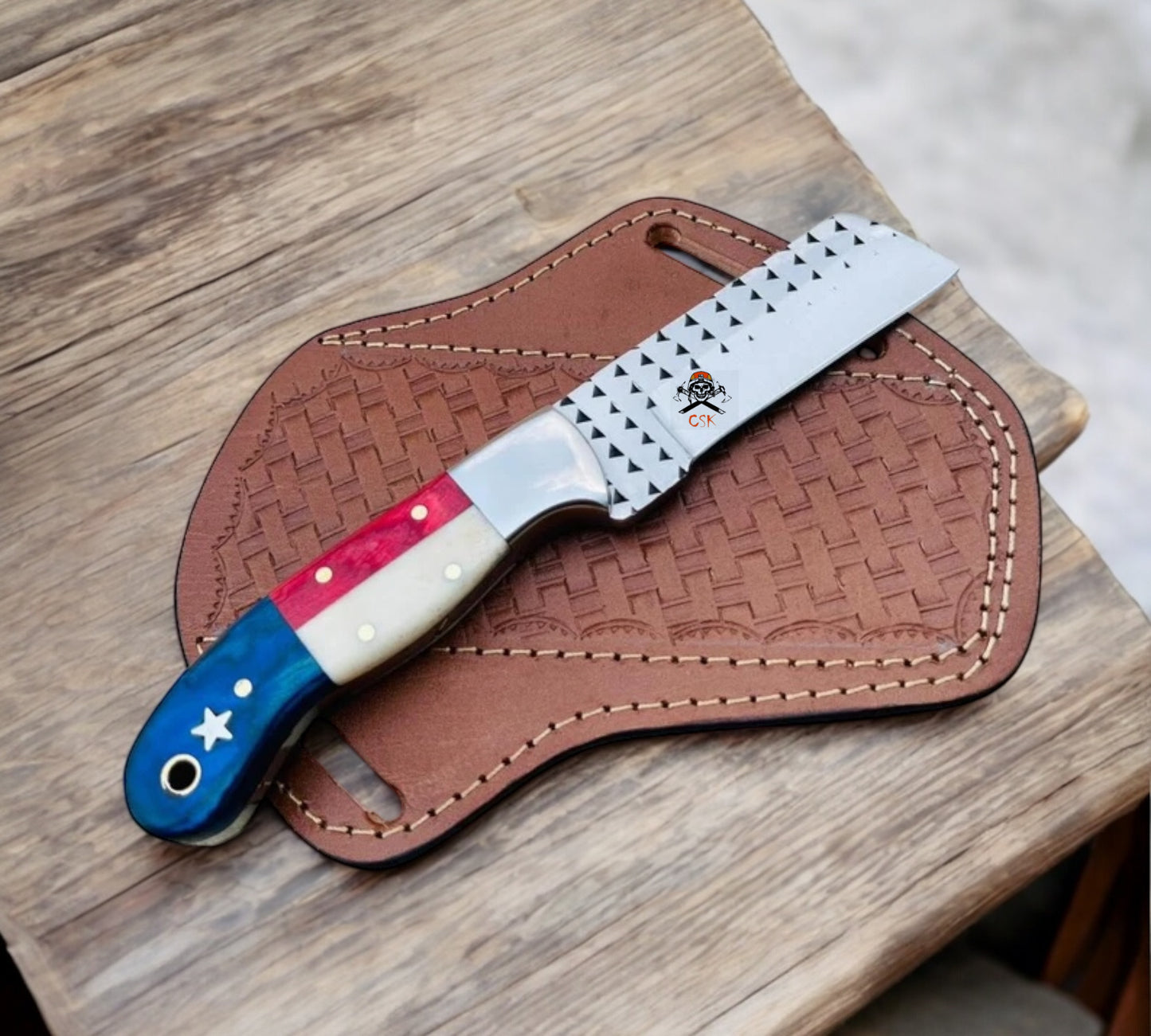 Texas Rasp Steel Cowboy Bull Cutter Knife 3.25” Blade - Patriotic Exotic Wood & Bone Handle