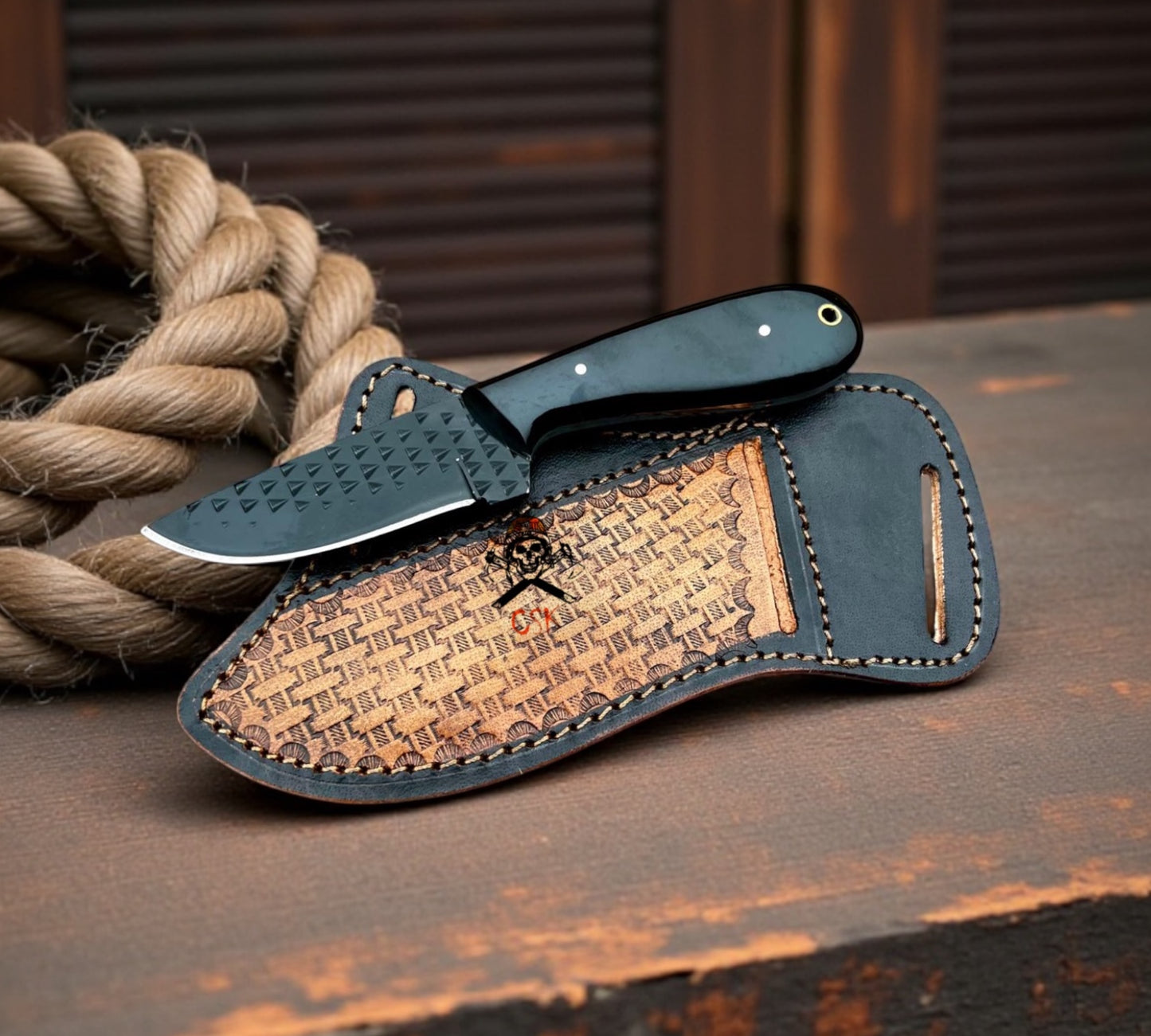 Handmade Western Cowboy Belt Knife - 4” Black Powder Coated Rasp Steel Blade