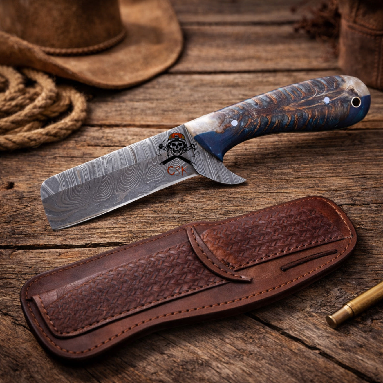 Heritage Knife Damascus Steel Western Bullcutter with Pancake Sheath