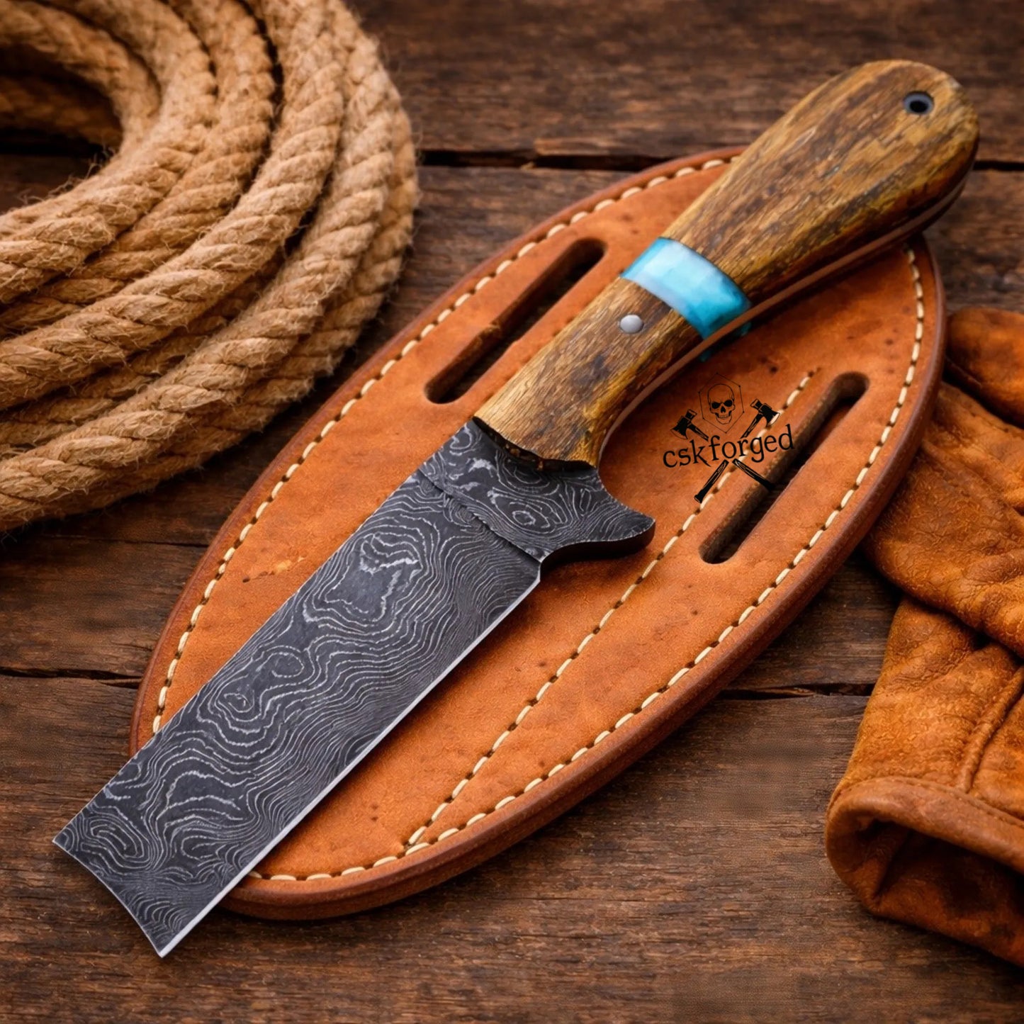 Rancher’s Fury Bull Cutter – Damascus Steel Cowboy Knife with Ash Wood & Turquoise Handle