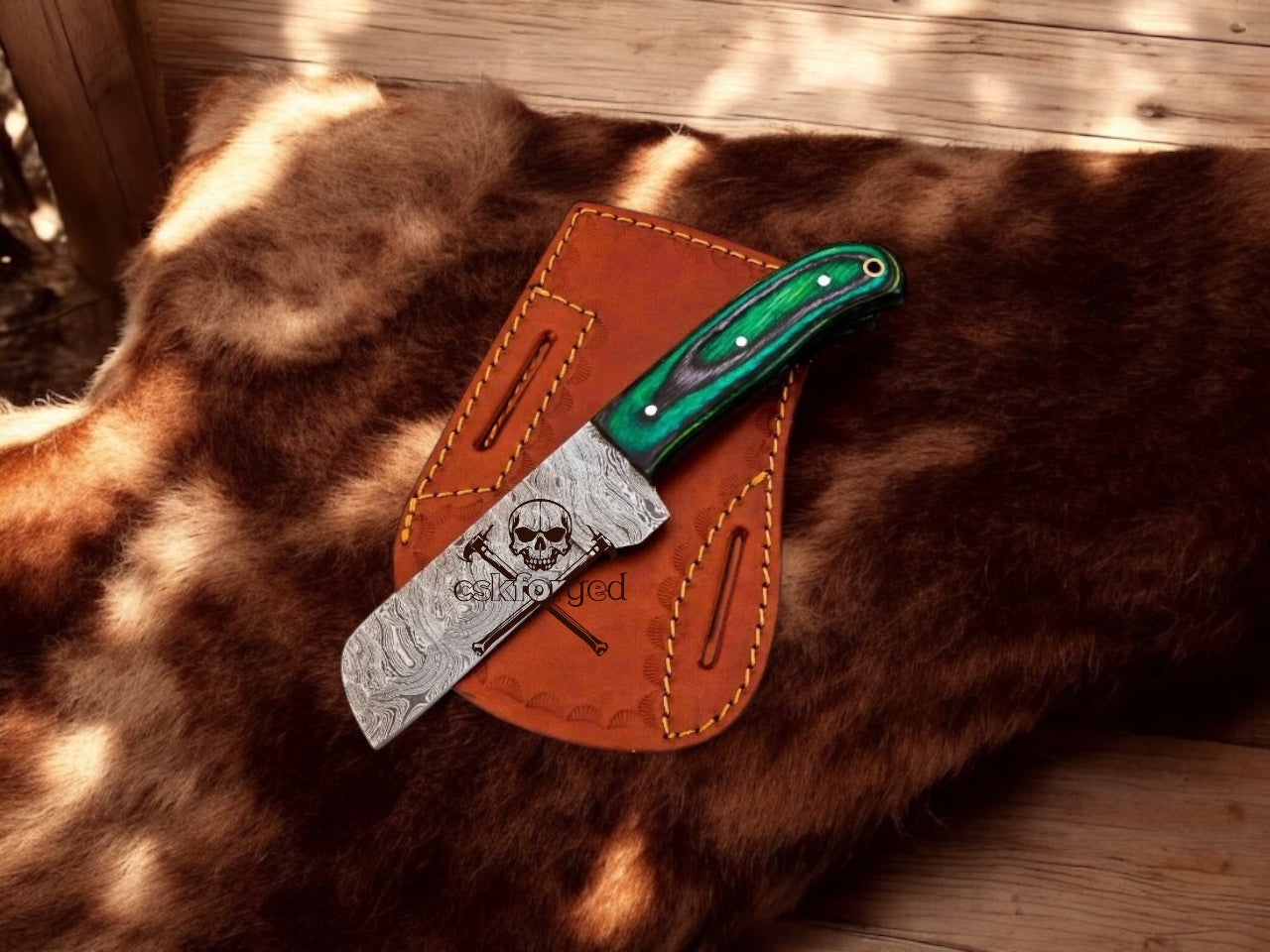 Damascus Bull Cutter Knife Pakka Wood & Belt Sheath