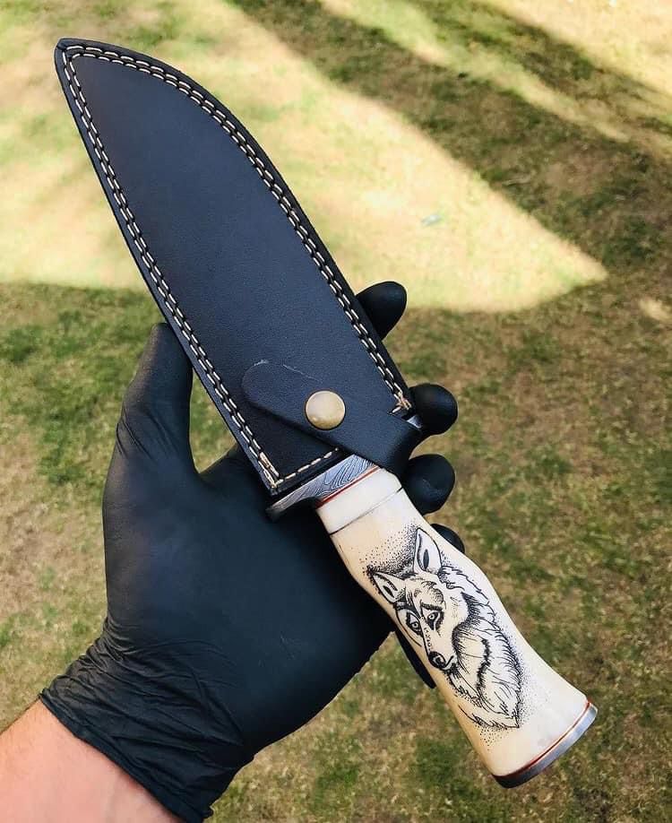 Handmade Damascus Hunting Camping Knife with Stained Bone,Damascus Guard and Pommel Handle