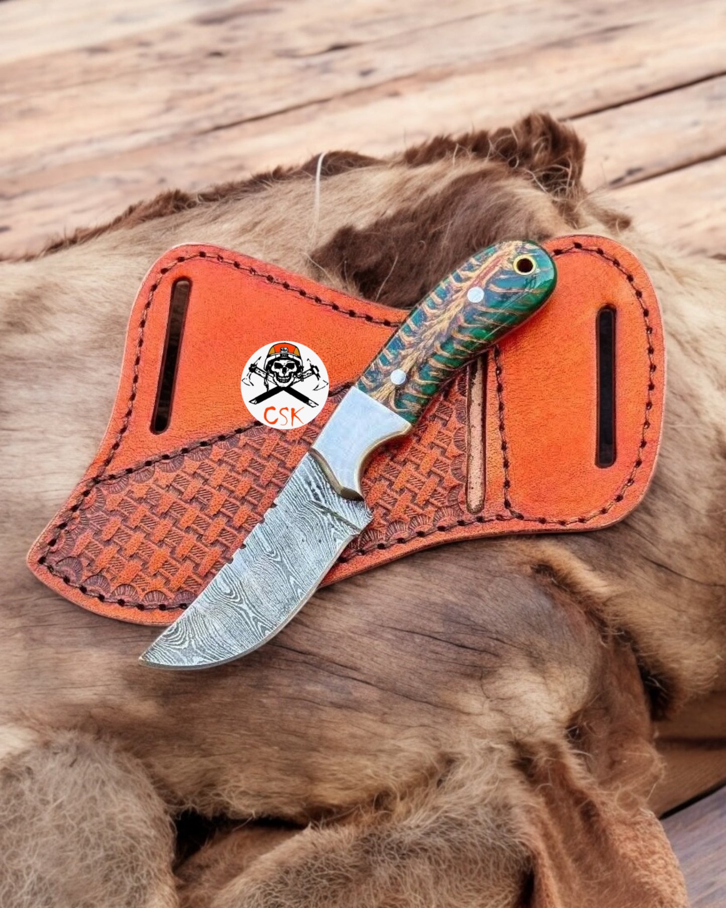Ranch Cowboy Hunting Knife with Green Epoxy Pine Cone Resin Handle