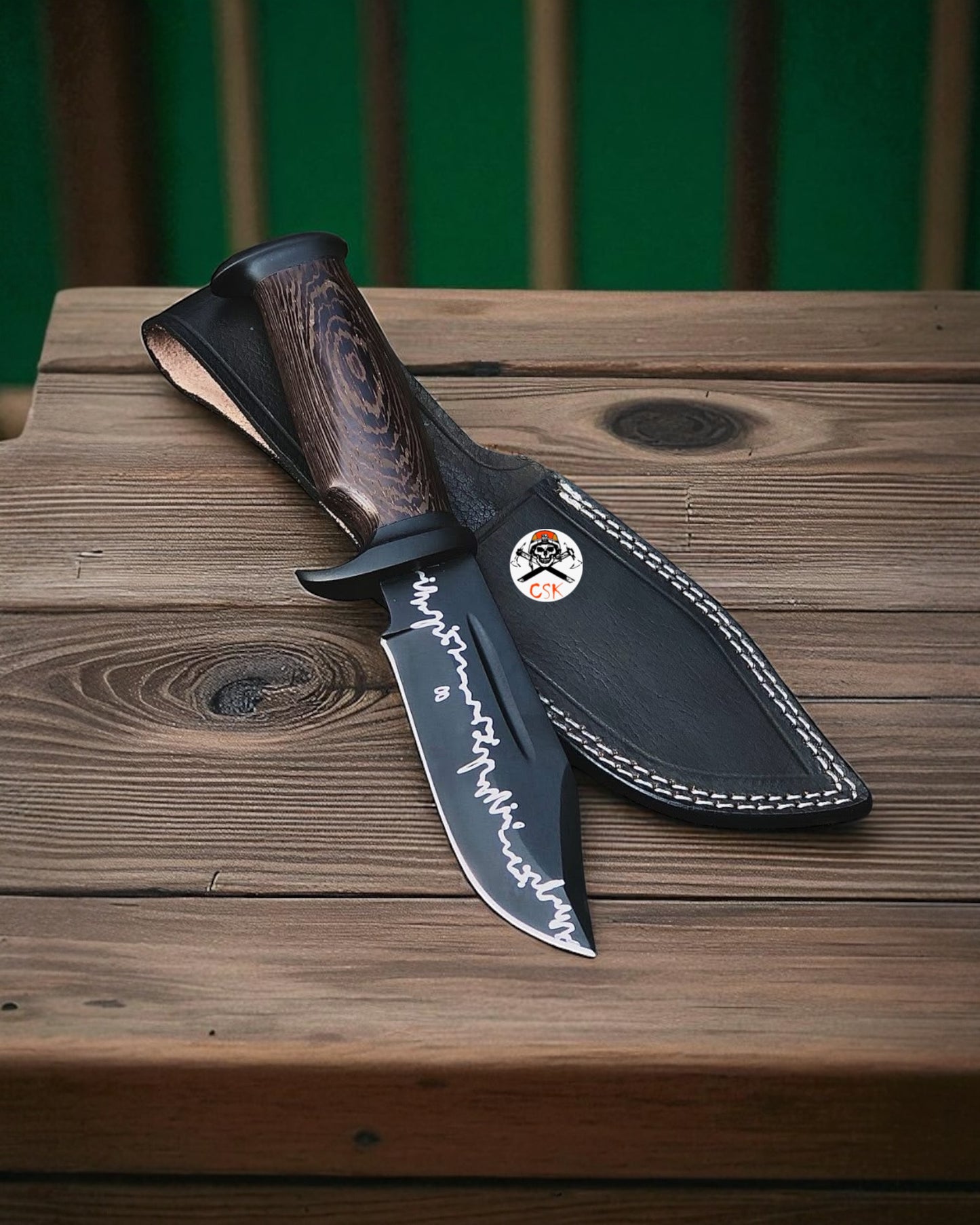 ShadowForge Black Blade Handmade Hunting Knife with Wenge Wood Grain Handle
