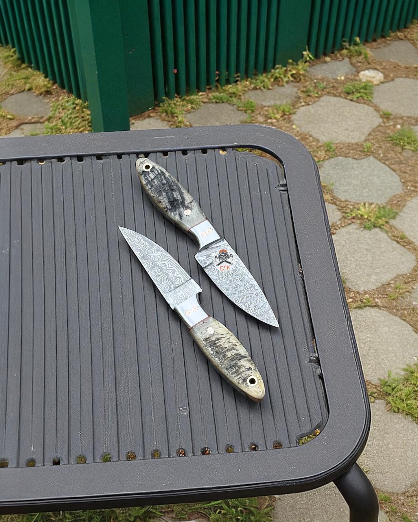 WORKING BUCKAROO COWBOY KNIFE SET WITH DAMASCUS STEEL & SHEEP HORN