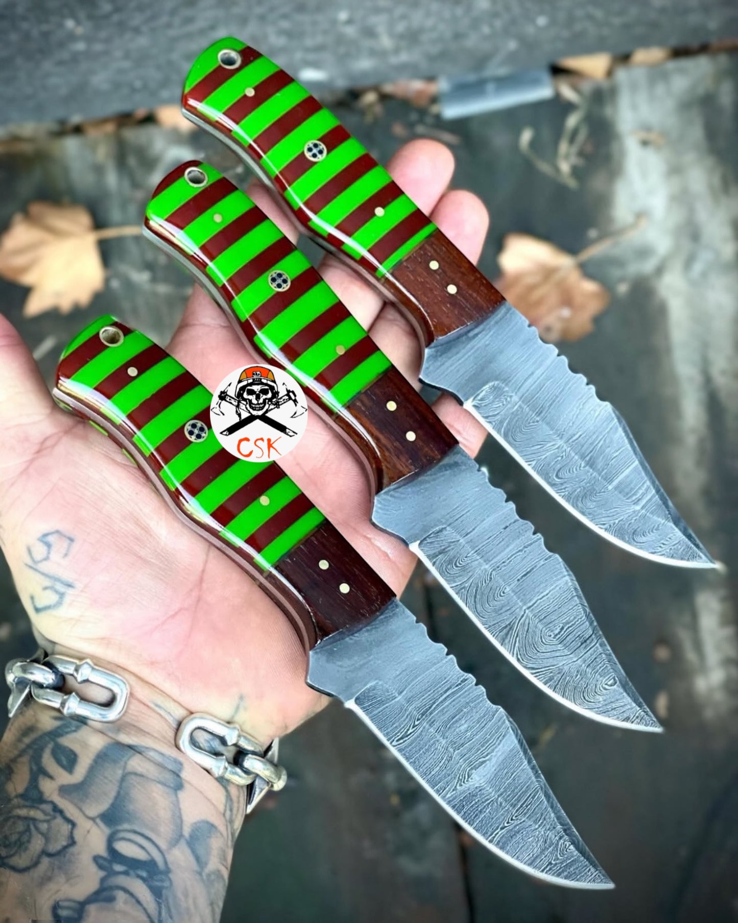Jail Bird Damascus Hunting Set With Green & Brown Handle