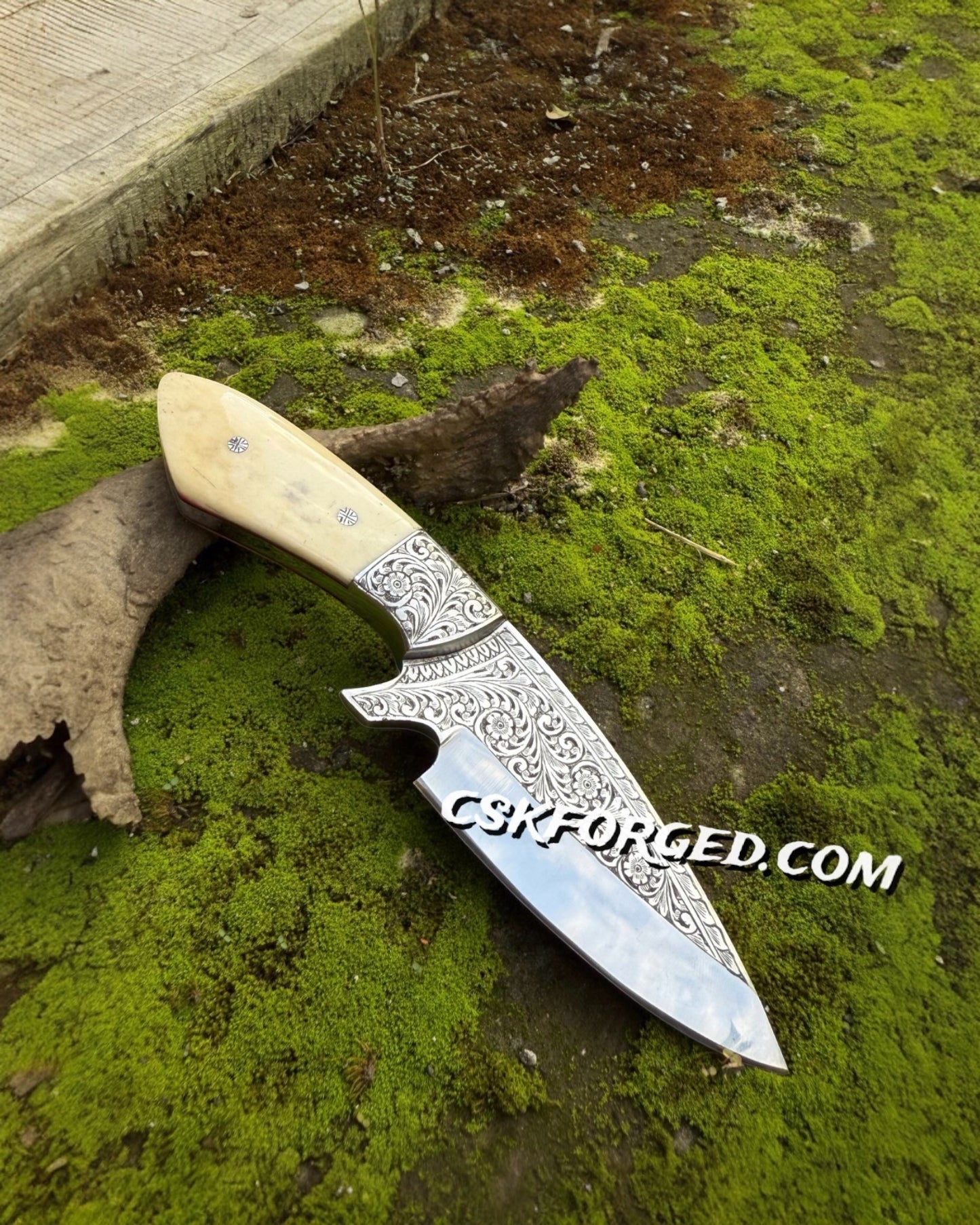 Hand Engraved Hunting Knife | Custom D2 Steel Blade with Bone Handle
