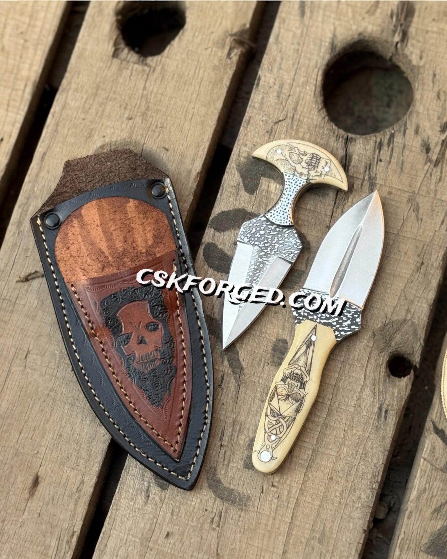 Hand Engraved Boot Knife Set with Custom Leather Sheath – High Carbon Steel Collectible Knives
