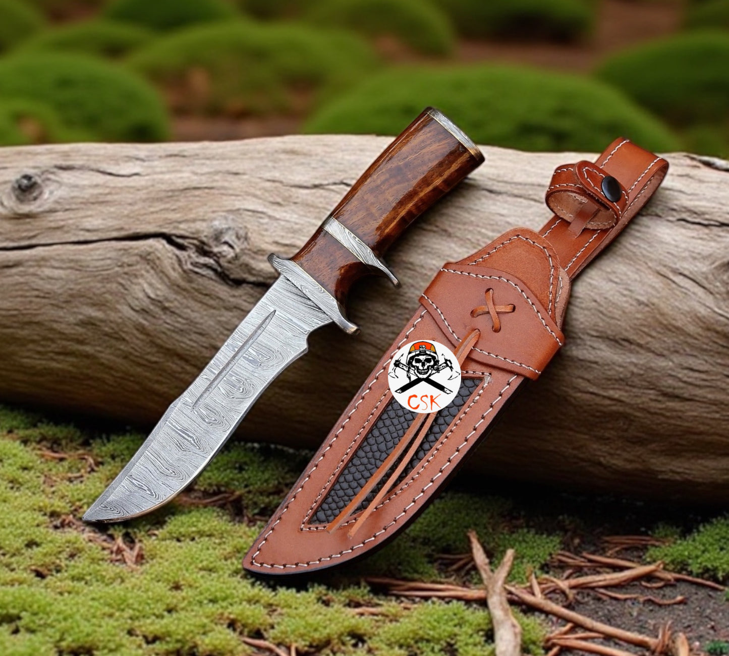 Damascus Steel Bowie Knife with Exotic Rose Wood Handle & Sheath