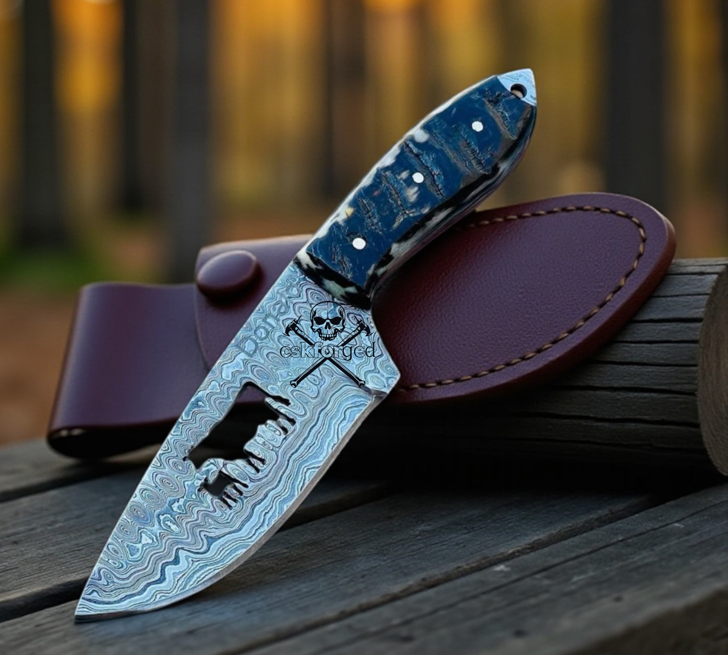 Hand-Forged Damascus Steel Hunting Knife 8.5” | Ram Horn Handle & Cow Wire Cut Blade – Premium CSKFORGED Knife