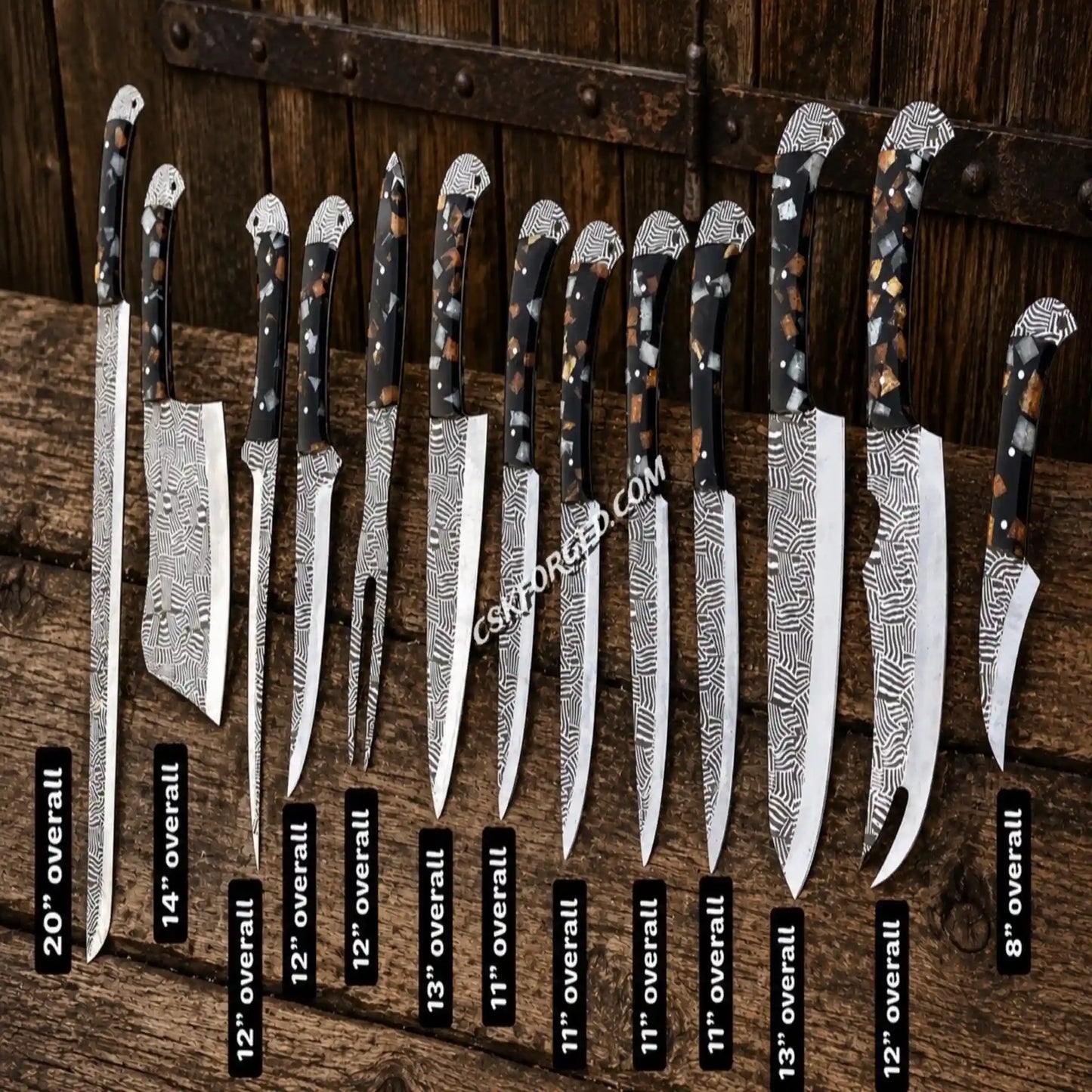 Handmade outdoor chef knife collection with full tang resin handle construction.