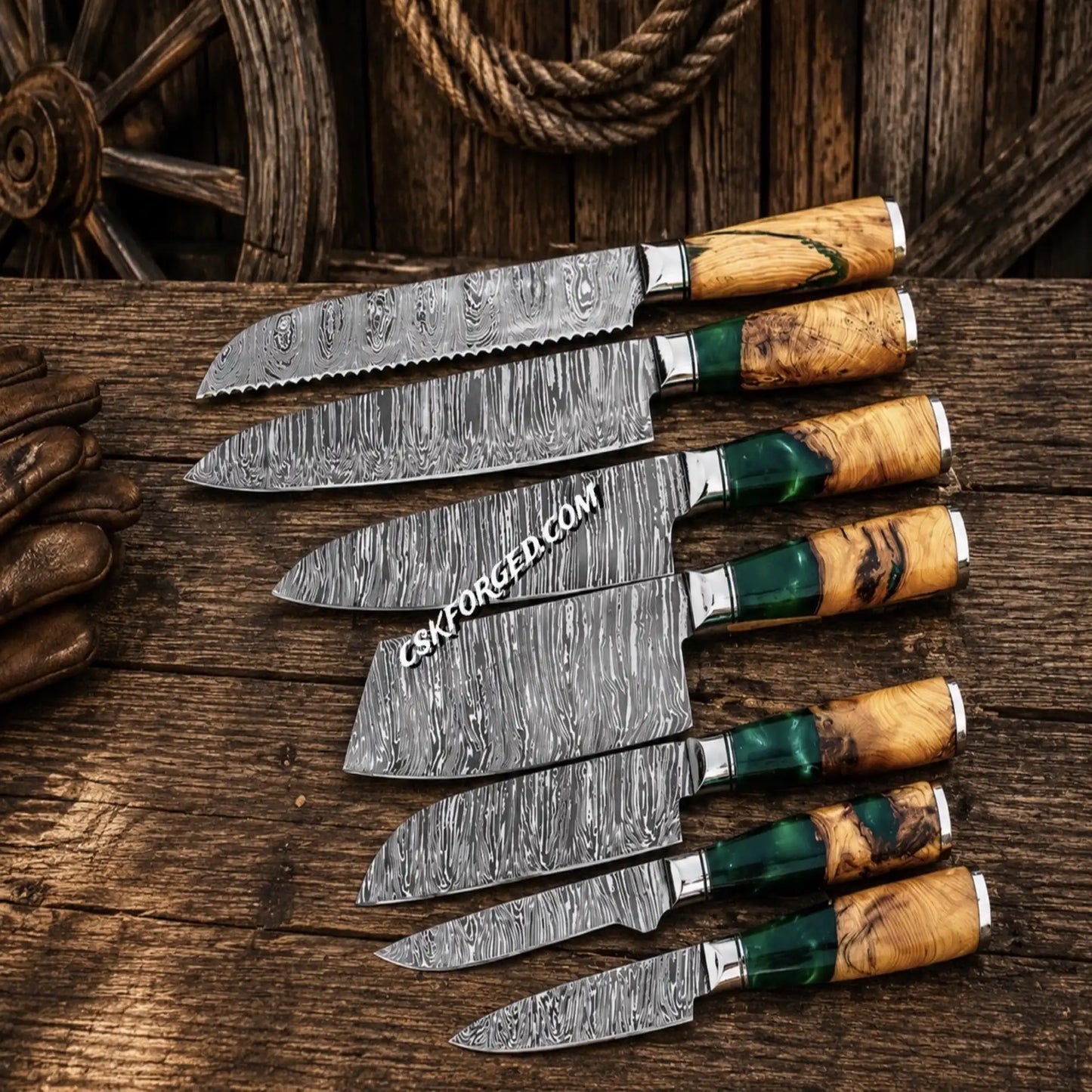 Premium Damascus chef knives featuring stabilized ash wood handles.