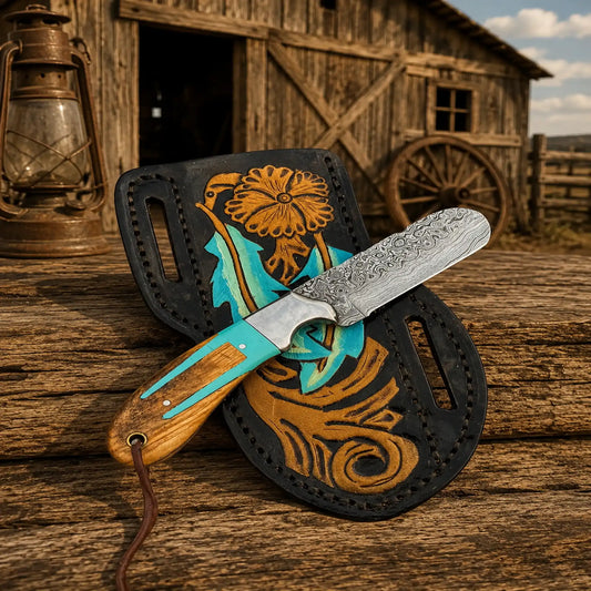 Damascus steel bull cutter knife for ranch carry