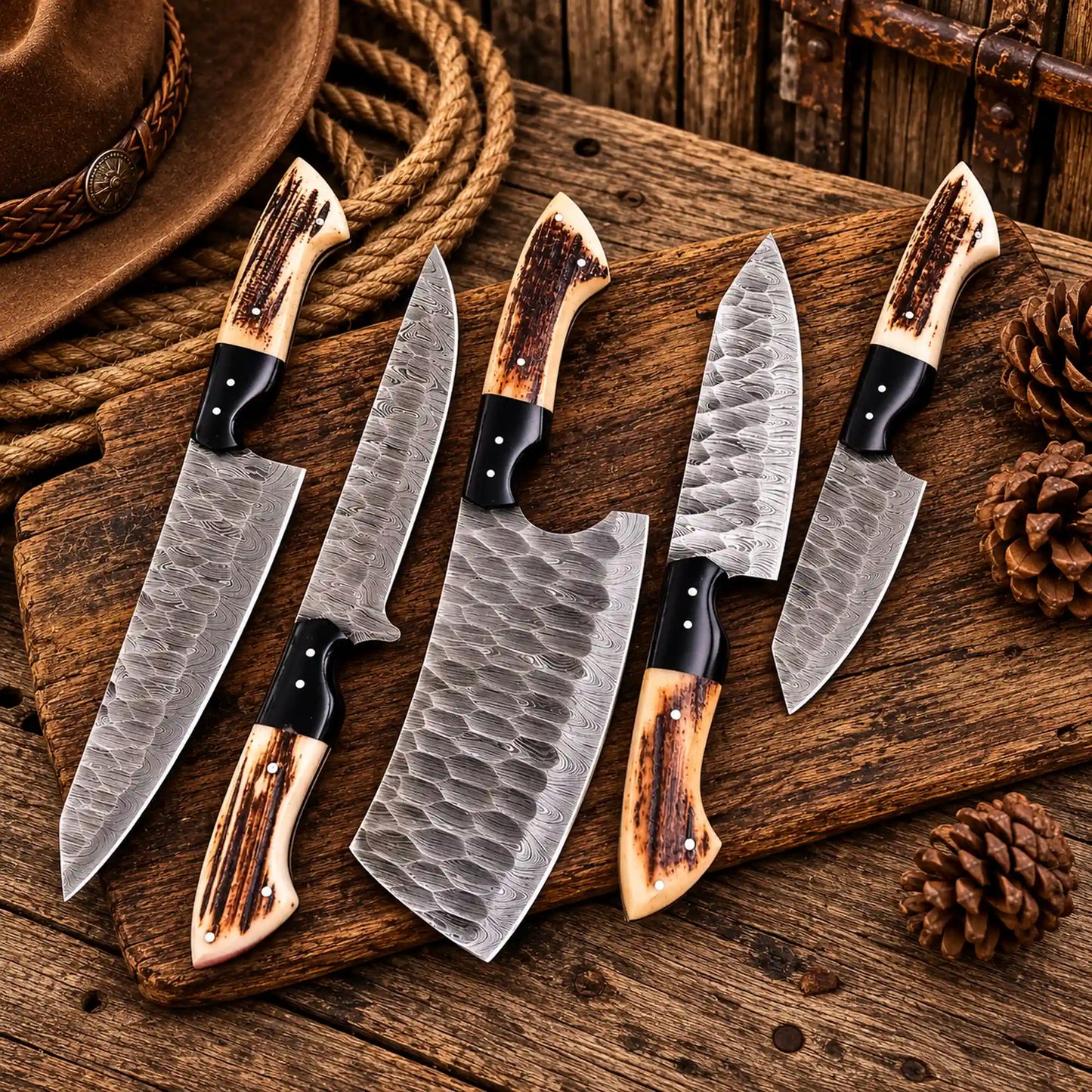 Handcrafted 5-piece Damascus steel chef knife set featuring 512-layer twist pattern blades and natural stag horn handles by CSKFORGED.