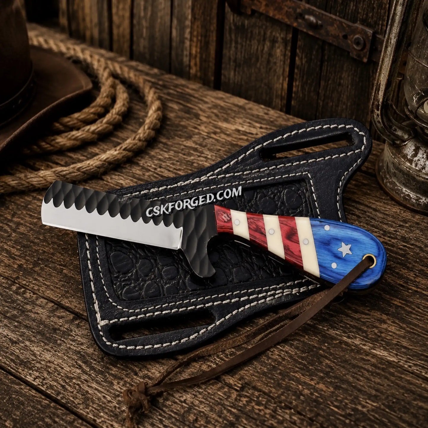 Handcrafted Bull Cutter Knife with 1095 powder coated steel blade, Texas flag handle and premium leather belt sheath by CSKFORGED.