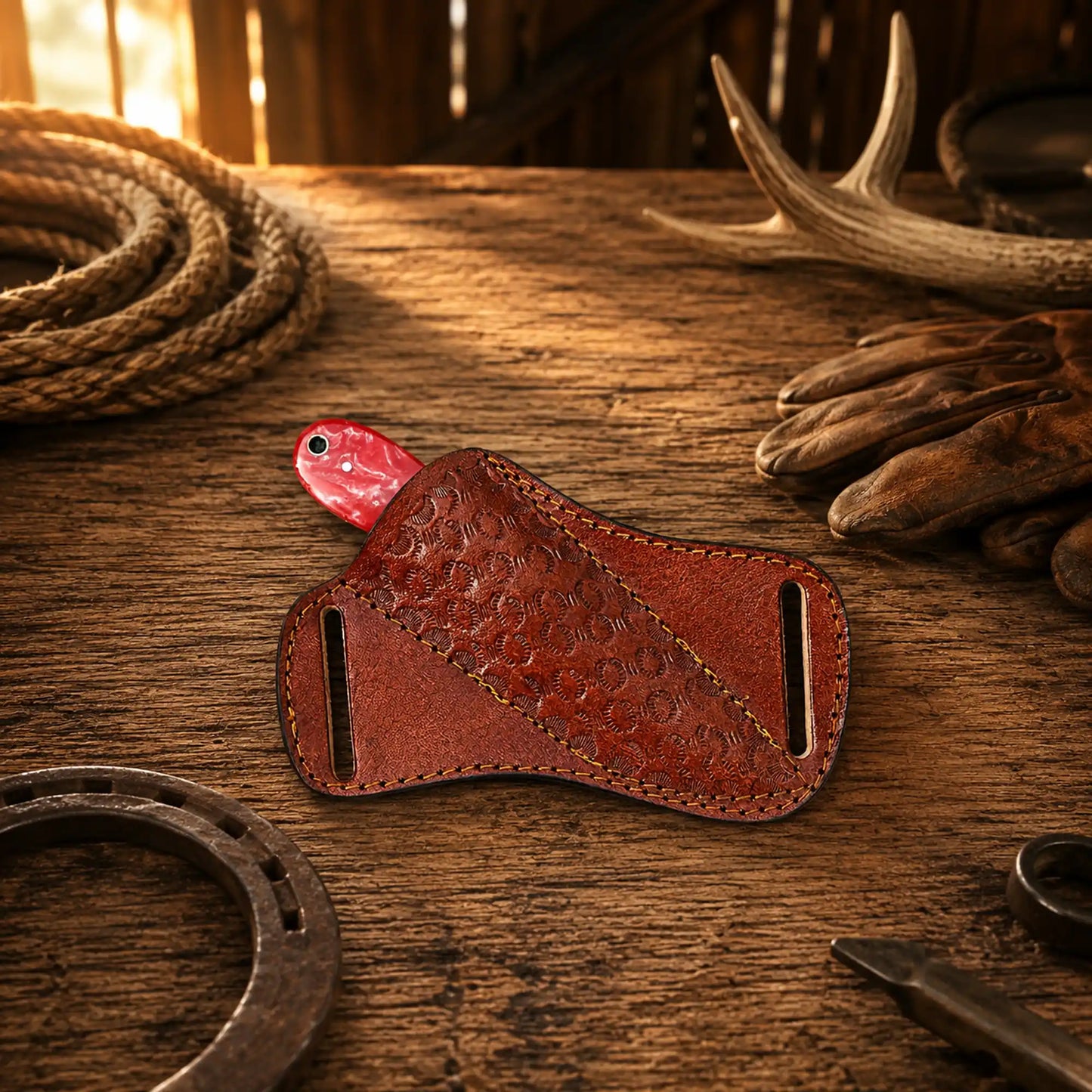 CSKFORGED handmade fixed-blade skinning knife with red epoxy resin handle and razor-sharp edge.