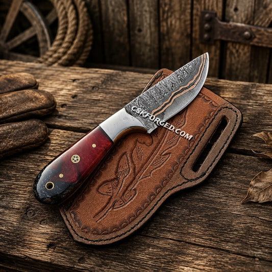 Copper Damascus fixed blade cowboy knife with handcrafted leather belt sheath.
