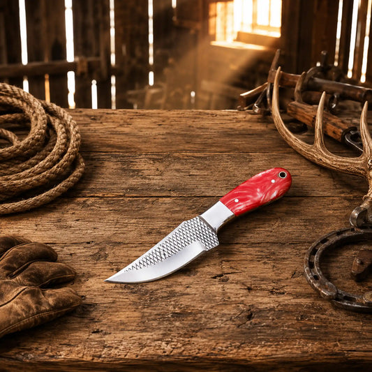 Custom hunting knife with curved rasp steel blade, steel bolster, and brass pipe pins.