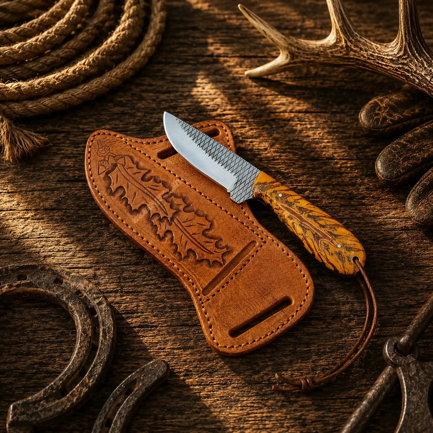 Hanging Horse Buckaroo Knife with 3.75 inch rasp steel blade and pine cone handle and leather sheath