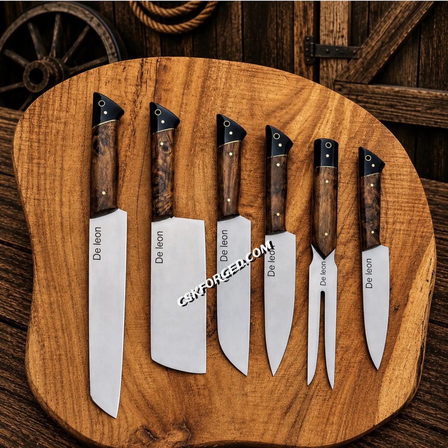 Master Series D2 steel kitchen knife set with rosewood handles with leather carry roll.