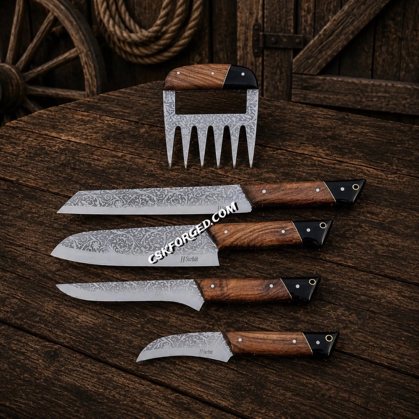 Luxury handmade BBQ kitchen knife collection by CSKFORGED with meat claw Rose Wood Handles with leather roll kit