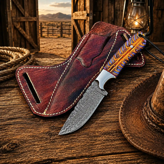 Western style Damascus steel knife with handcrafted pinecone handle
