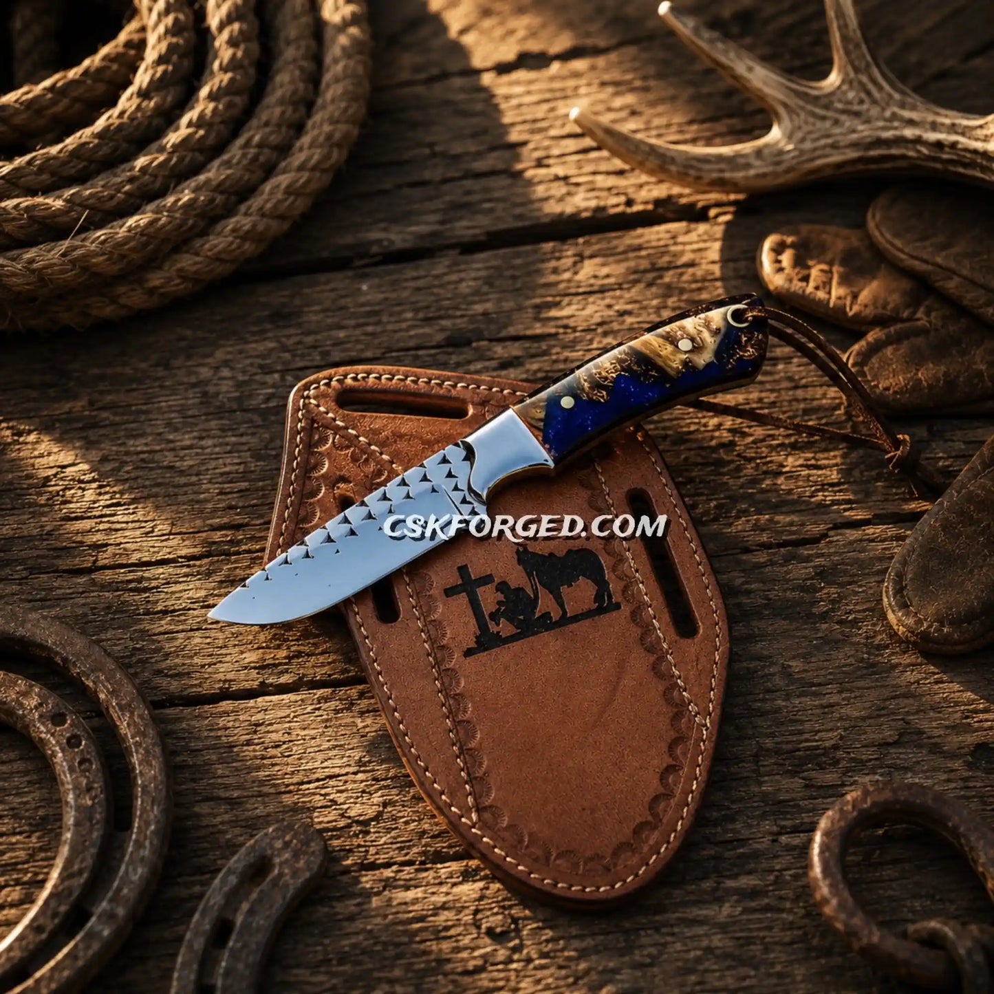 Prairie Sheath Cowboy Carry Knife with 4-inch rasp steel blade with prairie engraved cowhide leather sheath