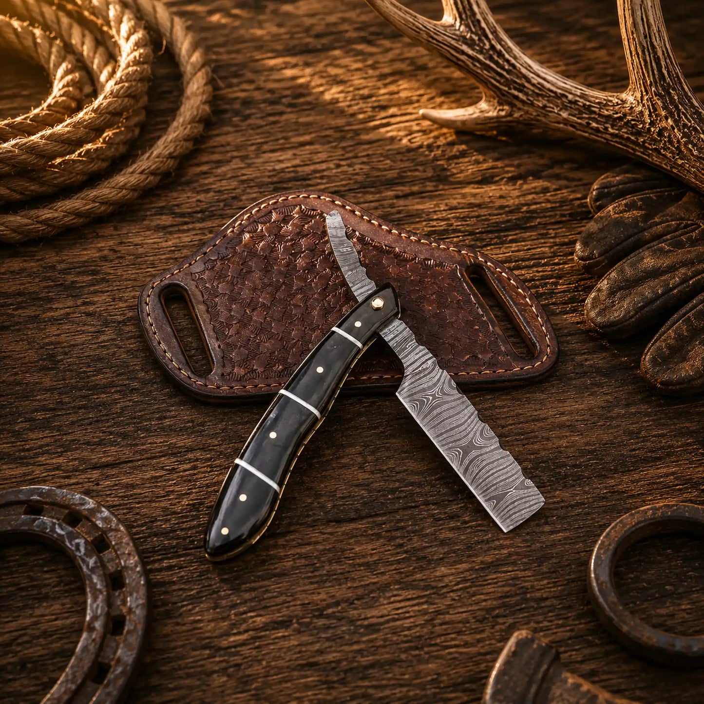 Collector's Damascus folding razor with natural buffalo horn handle and front belt leather sheath.