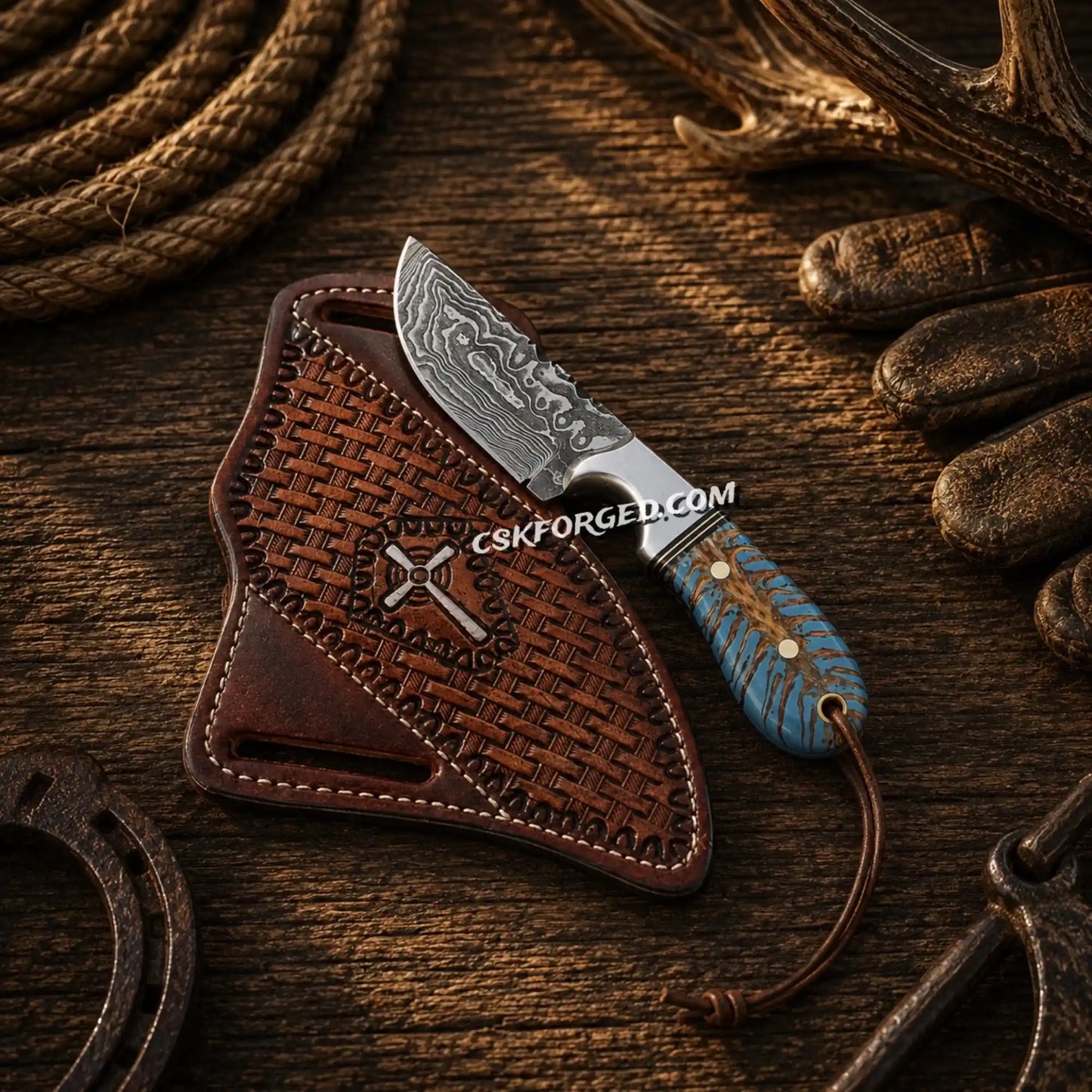 Turquoise Trail Buckaroo Knife with 3.75-inch Damascus steel blade with tooled belt sheath