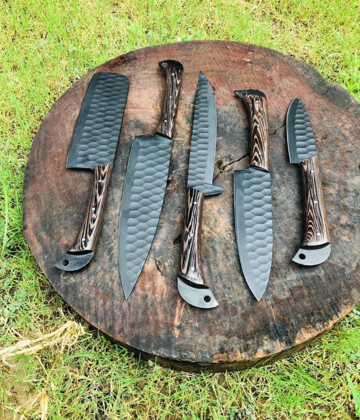 5 pieces custom made d2 steel Black coated chef knives set - Image #1