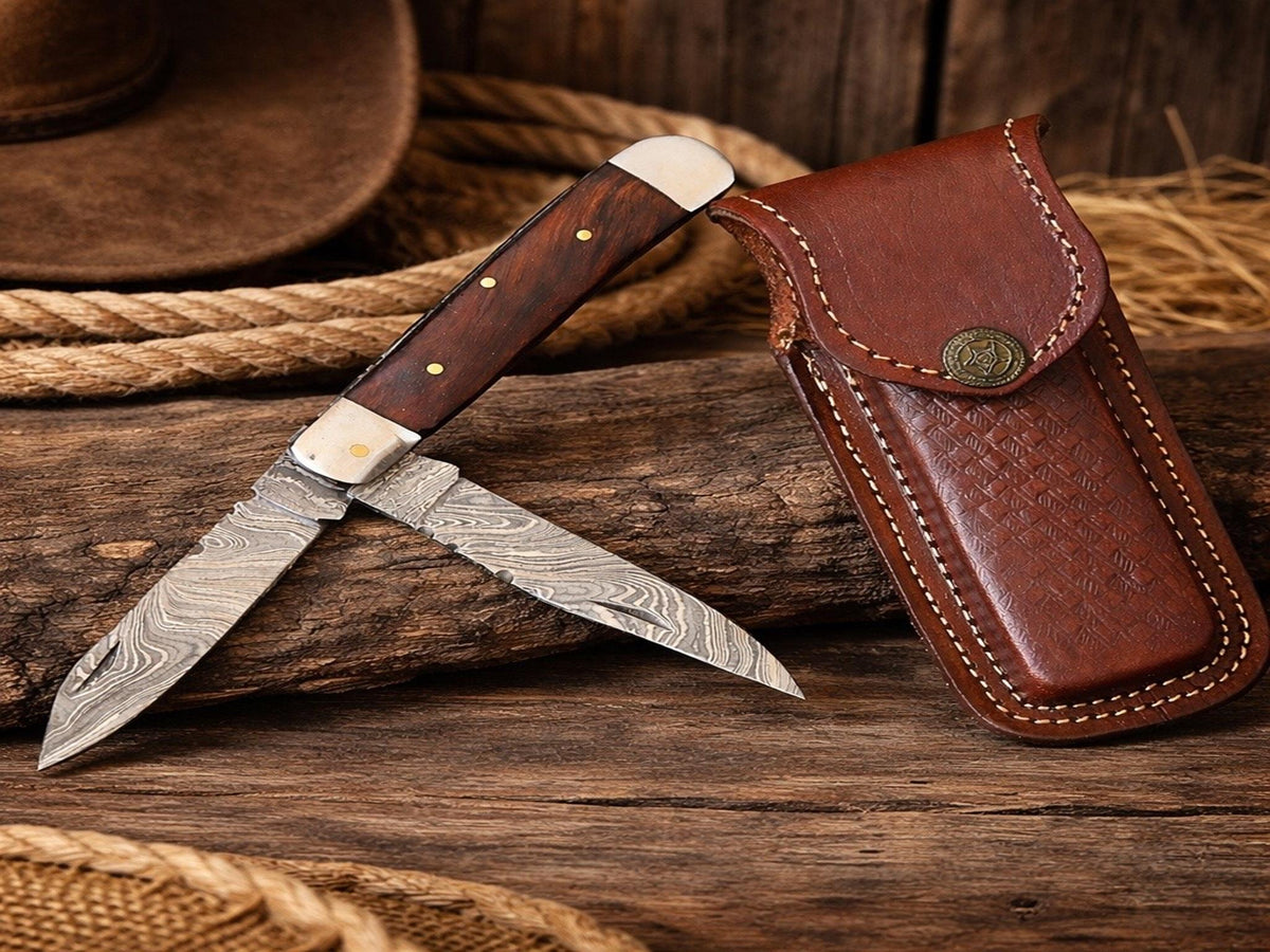 Cowboy Knife Damascus Steel Trapper Pocket Knife Guide – cskforged