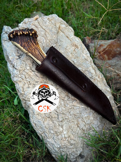 Handcrafted High carbon Steel Knife with Antler Handle – Razor-Sharp, Patterned Blade for Precision Edge