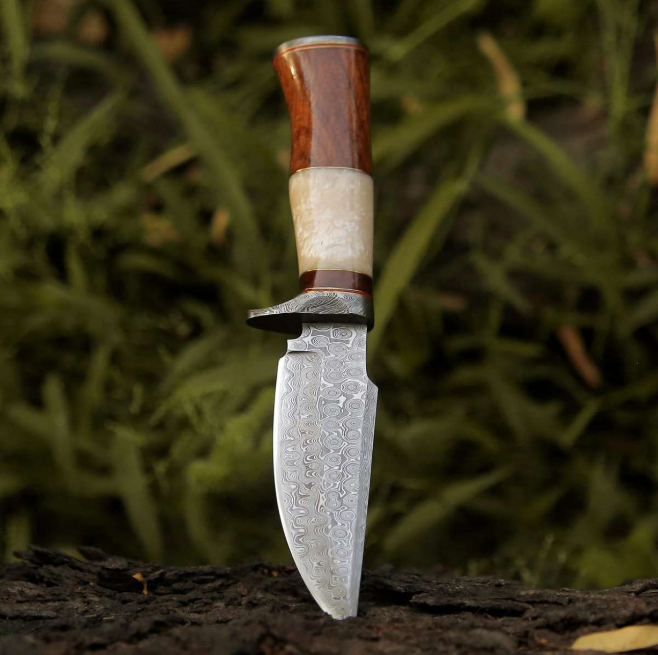 ELITE DAMASCUS HUNTING KNIFE WITH MOTHER OF PEARL & ROSE WOOD HANDLE