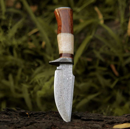 ELITE DAMASCUS HUNTING KNIFE WITH MOTHER OF PEARL & ROSE WOOD HANDLE