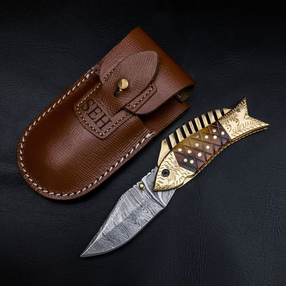 Fish Folding Pocket Knife 7" Damascus Steel Pocket Knife