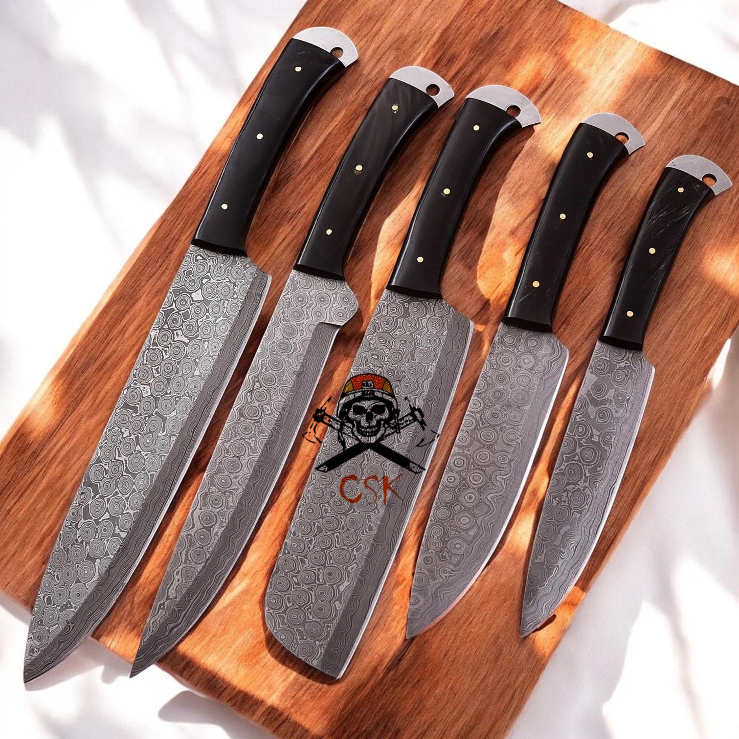 Artisan Damascus Custom (5pcs) Kitchen Knives Set with Buffalo Horn